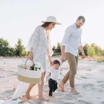 KiddyCare Woven Diaper Caddy Organizer, Large Gray Multi Functional Portable Baby Basket with Handle, Baby Gift for Boy/Girl Nursery Storage, Organization, and Modern Car Diaper Caddy Natural Large