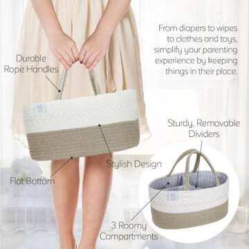 KiddyCare Woven Diaper Caddy Organizer, Large Gray Multi Functional Portable Baby Basket with Handle, Baby Gift for Boy/Girl Nursery Storage, Organization, and Modern Car Diaper Caddy Natural Large