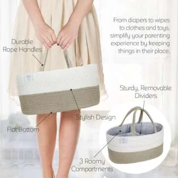 KiddyCare Woven Diaper Caddy Organizer, Large Gray Multi Functional Portable Baby Basket with Handle, Baby Gift for Boy/Girl Nursery Storage, Organization, and Modern Car Diaper Caddy Natural Large