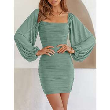 ANRABESS Women Long Sleeve Square Neck Mesh Ruched Bodycon Mini Dress Party Club Cocktail Formal Wed...