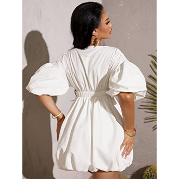 Stylish WDIRARA Puff Sleeve V Neck Flare Dress