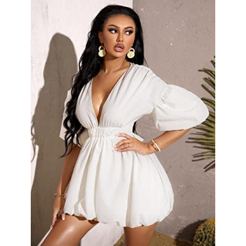 Stylish WDIRARA Puff Sleeve V Neck Flare Dress