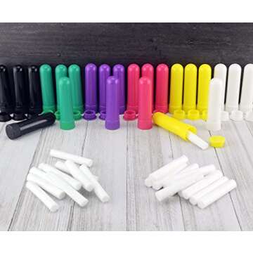 Cornucopia Essential Oil Aromatherapy Empty Nasal Inhaler Tubes (24-Pack, Assorted Colors); Colored Plastic Tubes w/ Wicks