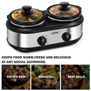 Dual Slow Cooker, Buffet Servers and Warmers with 2 X 1.25Qt, Tempered glass lids and Lid Rests, 3 Adjustable Temp, Stainless Steel