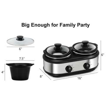 Dual Slow Cooker, Buffet Servers and Warmers with 2 X 1.25Qt, Tempered glass lids and Lid Rests, 3 Adjustable Temp, Stainless Steel