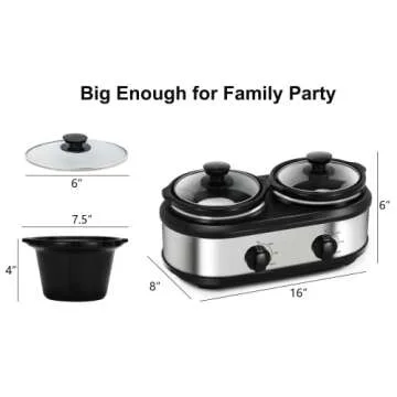 Dual Slow Cooker, Buffet Servers and Warmers with 2 X 1.25Qt, Tempered glass lids and Lid Rests, 3 Adjustable Temp, Stainless Steel