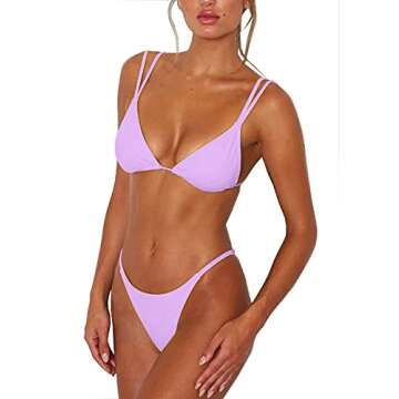 Purple Two Piece Swimsuits for Women - Cute High Cut Thong Bikini Set