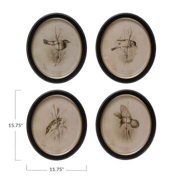 Creative Co-Op Vintage Bird Portrait Wood Framed Wall Decor, Cream and Black, Set of 4