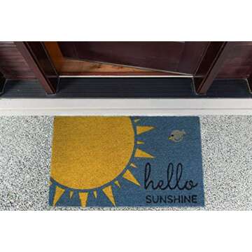 DII Natural Coir Doormat, Decorative Hello Sunshine Mat - 17x29, Blue