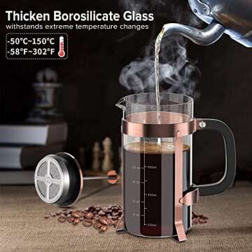 QUQIYSO French Press Coffee Maker 34oz 304 Stainless Steel with 4 Filter, Heat Resistant Durable, Ea...