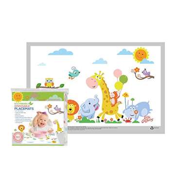 Safari Disposable Placemats for Table Top 60 Mats for Children Kids Toddlers Baby Perfect to use as Restaurants Place mats BPA Free Eco Friendly Sticks to Table Fun Designs Keep Neat Now!