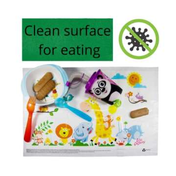 Safari Disposable Placemats for Table Top 60 Mats for Children Kids Toddlers Baby Perfect to use as Restaurants Place mats BPA Free Eco Friendly Sticks to Table Fun Designs Keep Neat Now!