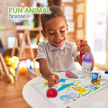 Safari Disposable Placemats for Table Top 60 Mats for Children Kids Toddlers Baby Perfect to use as Restaurants Place mats BPA Free Eco Friendly Sticks to Table Fun Designs Keep Neat Now!