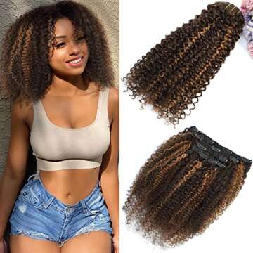 4/30 Brown Kinkys Curly Real Hair Extensions Clip in Human Hair for Black Women, Urbeauty 12 Inch Cu...
