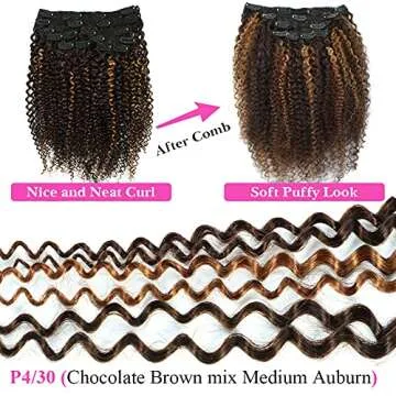 4/30 Brown Kinkys Curly Real Hair Extensions Clip in Human Hair for Black Women, Urbeauty 12 Inch Curly Clip In Hair Extensions 10Pcs/Set For a Full Head Ombre Curly Hair Extensions 10a Hair