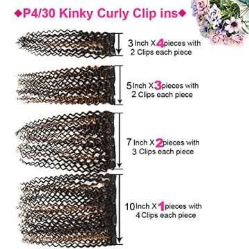 4/30 Brown Kinkys Curly Real Hair Extensions Clip in Human Hair for Black Women, Urbeauty 12 Inch Curly Clip In Hair Extensions 10Pcs/Set For a Full Head Ombre Curly Hair Extensions 10a Hair