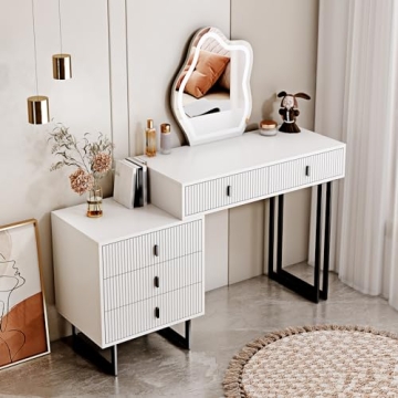 Ieejdn White Vanity Desk with Adjustable LED Mirror for Makeup