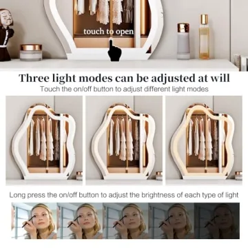 Ieejdn White Vanity Desk with Adjustable LED Mirror for Makeup