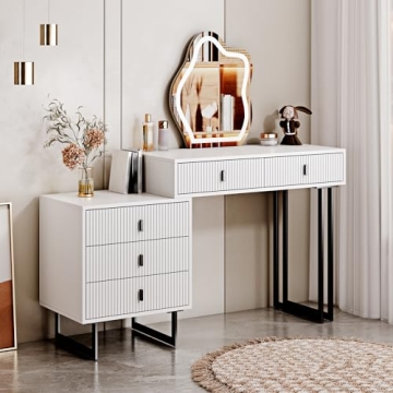 Ieejdn White Vanity Desk with Adjustable LED Mirror for Makeup