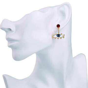 Evil Eye Earrings Red Rhinestone Dangle Drop Studs