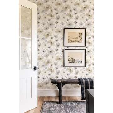 JiffDiff Beige Flower Watercolor Flower Peel and Stick Wallpaper, Honey Wheat Yellow, 17.3x393.7 inch, 48.5 sq ft, Straight Match