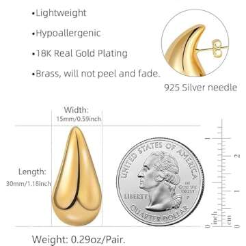 2 Pair Bottega Teardrop gold hoop Earrings for Women,Gold/Silver Chunky Hoop Earring Lightweight Tea...