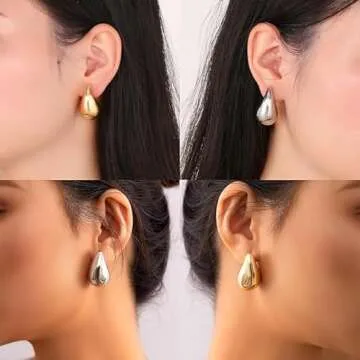 2 Pair Bottega Teardrop gold hoop Earrings for Women,Gold/Silver Chunky Hoop Earring Lightweight Teardrop Design | Hypoallergenic Earring Set,Big Drop & Dangle Trendy Hoop Earrings