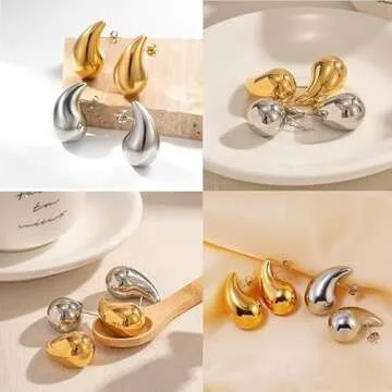 2 Pair Bottega Teardrop gold hoop Earrings for Women,Gold/Silver Chunky Hoop Earring Lightweight Teardrop Design | Hypoallergenic Earring Set,Big Drop & Dangle Trendy Hoop Earrings