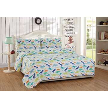 Mk Home 4pc Full Size Sheet Set for Boys Dinosaurs Green Blue Orange White New
