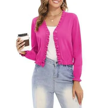 Bloggerlove Lightweight Cardigan Sweater for Women Cropped Ruffle Long Sleeve Button Down Shrug Sweater Dressy Rose Red