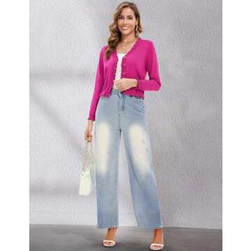 Bloggerlove Lightweight Cardigan Sweater for Women Cropped Ruffle Long Sleeve Button Down Shrug Sweater Dressy Rose Red