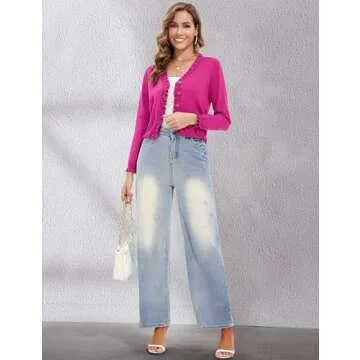 Bloggerlove Lightweight Cardigan Sweater for Women Cropped Ruffle Long Sleeve Button Down Shrug Sweater Dressy Rose Red