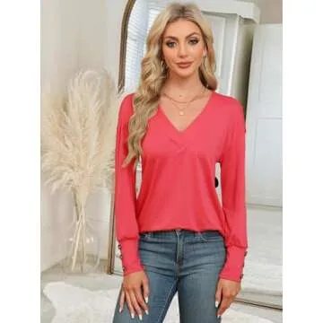 EyMuse Stylish Women's Long Sleeve V-Neck Tee in Watermelon Red