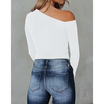 BONITEE Drop Off Shoulder Tops for Women Asymm Neckline Sexy Slim Wrap Fit Long Sleeve Shirt Fitted Fall Tunic Large White