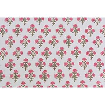 ATOSII Gulbahar White Pink 100% Cotton Fall Rectangle Tablecloth, Hand Block Print Washable Table Co...