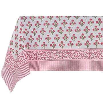 ATOSII Gulbahar White Pink 100% Cotton Fall Rectangle Tablecloth, Hand Block Print Washable Table Cover, Christmas Parties Buffet Dining, Weddings, Thanksgiving, Halloween, 60 X 108 Inches 8 Seater