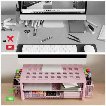Gianotter Monitor Stand with Drawer & Pen Holder - Pink Desk Organizer