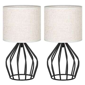 HAITRAL Modern Farmhouse Lamps - Black Metal Table Lamps with Hollowed Out Base, Bedside Lamps Set of 2 with Linen Fabric Lampshade for Bedrooms, Living Room