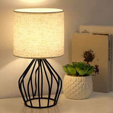 HAITRAL Modern Farmhouse Lamps - Black Metal Table Lamps with Hollowed Out Base, Bedside Lamps Set of 2 with Linen Fabric Lampshade for Bedrooms, Living Room