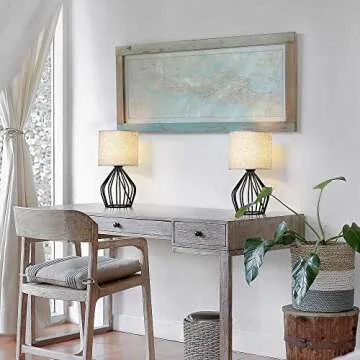 HAITRAL Modern Farmhouse Lamps - Black Metal Table Lamps with Hollowed Out Base, Bedside Lamps Set of 2 with Linen Fabric Lampshade for Bedrooms, Living Room