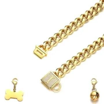 AIYIDI Heavy Duty Dog Chain Collar,18K Gold Stainless Steel Slip Choker Collar,with Rhinestone Safety Buckle,Dog tag,Dog Bell,Chew-Proof,Width 11/15/19mm Cuban Link Chain Collar,10-26inch(15mm,14in)