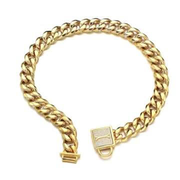 AIYIDI Heavy Duty Dog Chain Collar,18K Gold Stainless Steel Slip Choker Collar,with Rhinestone Safety Buckle,Dog tag,Dog Bell,Chew-Proof,Width 11/15/19mm Cuban Link Chain Collar,10-26inch(15mm,14in)
