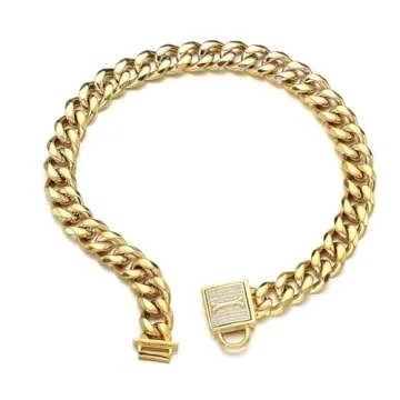 AIYIDI Heavy Duty Dog Chain Collar,18K Gold Stainless Steel Slip Choker Collar,with Rhinestone Safety Buckle,Dog tag,Dog Bell,Chew-Proof,Width 11/15/19mm Cuban Link Chain Collar,10-26inch(15mm,14in)