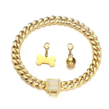 AIYIDI Heavy Duty Dog Chain Collar,18K Gold Stainless Steel Slip Choker Collar,with Rhinestone Safety Buckle,Dog tag,Dog Bell,Chew-Proof,Width 11/15/19mm Cuban Link Chain Collar,10-26inch(15mm,14in)