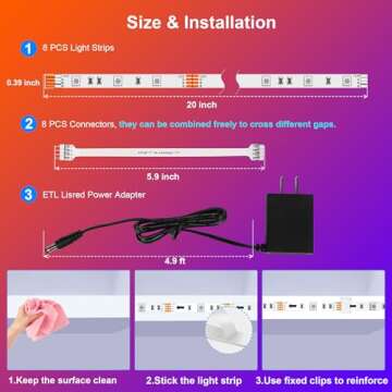 maylit 8 PCS RGB Under Cabinet Lighting Kit, App and Remote Control Strip Lights, Music Sync Color Changing Led Lights with ETL Listed Power Adapter, for Cabinet, Counter, Shelf, Bookcase, 13ft
