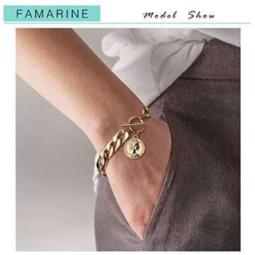 FAMARINE Charm Bracelets for Women 4MM, Gold Chain Cuban Link Mens Bracelet for Friendship Bracelets Gift Toggle Clasp, 18K Gold