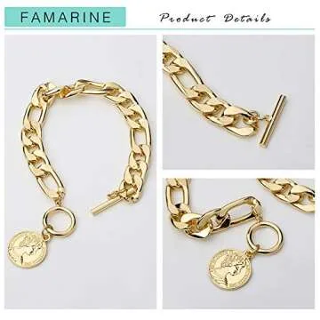 FAMARINE Charm Bracelets for Women 4MM, Gold Chain Cuban Link Mens Bracelet for Friendship Bracelets Gift Toggle Clasp, 18K Gold