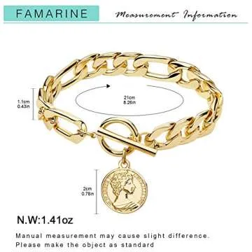 FAMARINE Charm Bracelets for Women 4MM, Gold Chain Cuban Link Mens Bracelet for Friendship Bracelets Gift Toggle Clasp, 18K Gold