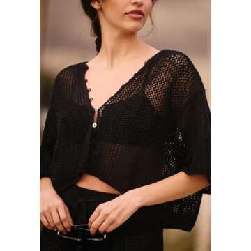 HUUSA Women's 2 Piece Crochet Beach Cover Up Set Hollow Out Swim Coverup Skirts Outfits V Neck Butto...