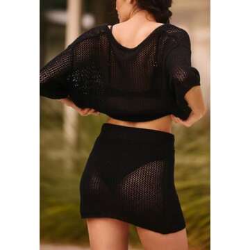 HUUSA Women's 2 Piece Crochet Beach Cover Up Set Hollow Out Swim Coverup Skirts Outfits V Neck Button Down Crop Top with High Waisted Dress Sets Black S